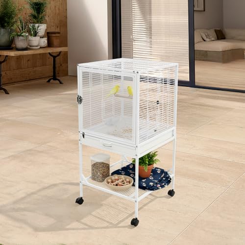 Bird Cage, 17.95 x 17.95 x 38 Inch Mobile Bird Flight Cage Large Metal Parakeet Cage w/Slide-Out Tray & Storage Shelf for Budgerigars Lovebirds Kea Parrots & Sun Conures - color: White, size: 18.0"L x 18.0"W x 38.0"H