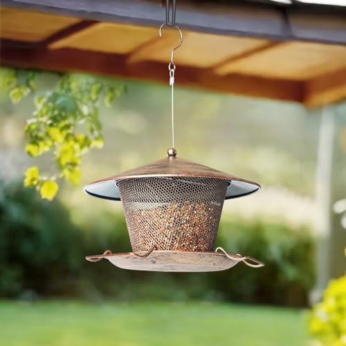 Metal Bird Feeder for Outdoor Hanging 9.8" Roof 3 LBs Seeds Capacity | Heavy Duty, Rainproof, Weatherproof, Rustproof, Large Dome, 360° Feeding, Attracts Various Birds, Easy to Refill & Clean