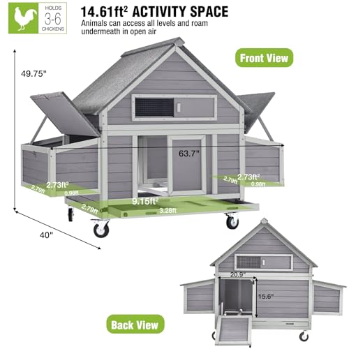 GUTINNEEN Large Chicken Coop for 4-6 Chickens, Movable Thickened Wooden Hen House on Wheels with Easy Clean Removable Tray & 2 Nesting Boxes, Extra Large Outdoor Duck Cage & Rabbit Hutch - color: Grey 14.61ft²