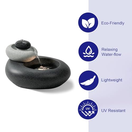 13.39" H Outdoor Water Fountain Made with Eco-Friendly Recyclable Materials, Polyethylene Rock Waterfall Outdoor Fountain, Garden Decor with LED Light & Pump for Patio, Backyard (13.39") - size: 13.39"