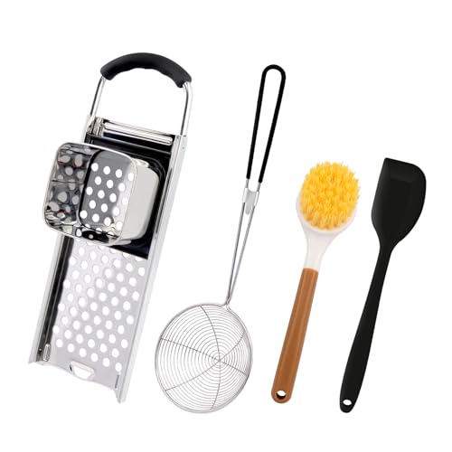Premium Grade Stainless Steel Spaetzle Maker with Comfort Grip Handle, Stainless Steel Spider Strainer Skimmer Spoon with Cleaning Brush, Homemade German Egg Noodle Dumpling Making Tool Set