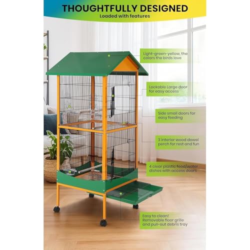 66'' Extra Large Parrot Bird Cage with Rolling Stand, Removable Tray, Waterproof Roof & Lockable Casters, Durable Wrought Iron Bird Cages for Macaw, Cockatiel, Budgie, Lovebird
