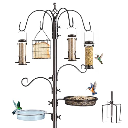 Bird Feeding Station Kit, 94-Inch, 6-Hook Metal Bird Feeder Pole | Bird Bath Bowl, Mesh Seed Tray, Freestanding 5-Prong Base, Removable Parts, Easy Assembly, for Patio, Lawn and Garden - size: 94 Inches without Squirrel Baffle
