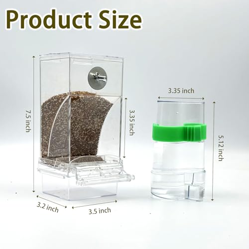 Automatic No Mess Bird Feeder Water Dispenser Set | Acrylic Transparent Parakeet Cage Accessories Bird Feeder and Waterer in Cage for Small and Medium Cockatiel Finche Lovebird - color: Transparent + Green