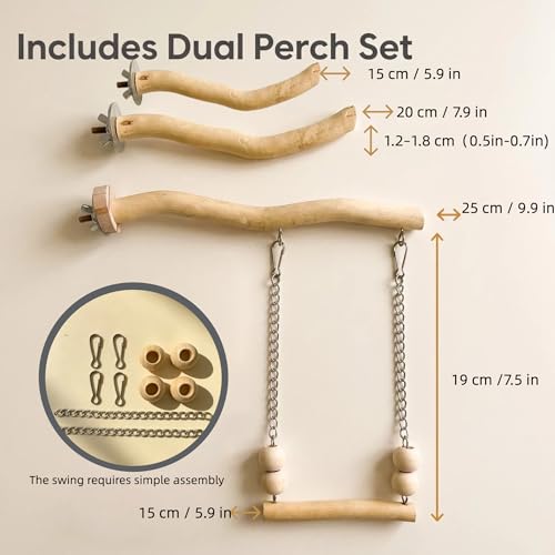 Bird Perch and Swing Set for Small Birds, Natural Wood Cage Accessories | 2-in-1 Integrated Perch with Hanging Swing for Budgies, Parakeets, Cockatiels & Lovebirds, Encourages Climbing & Activity - size: Medium