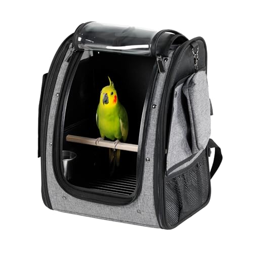 Petsfit Bird Carrier Medium Size with Stainless Steel Bowl, Parrot Backpack Includes Slide Tray for Easy Cleaning, 13" x 10" x 16" - color: Grey A, size: 13"L x 10"W x 16"H