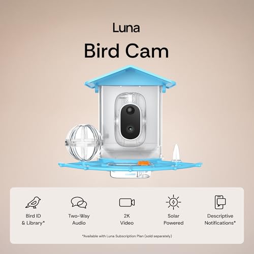 Luna Smart Bird Feeder Camera, 2K Enhanced AI Birds Species Identification | HD Video, Instant Arrival Alerts, Solar Powered, Weatherproof Design for Birdwatching, Ideal Gift for Bird Lovers