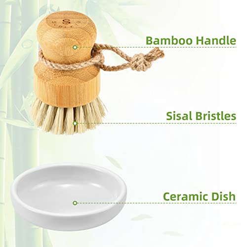 SUBEKYU Bamboo Dish Scrub Brush,Vegetable Brush,1 Pack with Ceramic Holder | Produce Brush,Natural Sisal Bristles,Kitchen Wooden Cleaning Scrubbers Set - color: Ceramics Base + Sisal Brush, 1p