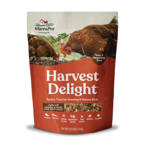 Manna Pro Harvest Delight Poultry Treat, Whole Grain & Seed Mix with Fruits & Vegetables, 14% Protein Snack for Chickens, Ducks & Mixed Flocks, 2.25 lb | Whole Grain & Seed Treat Mix, Fruits & Vegetables, 14% Protein Snack, For Chickens, Ducks & Mixed Flo