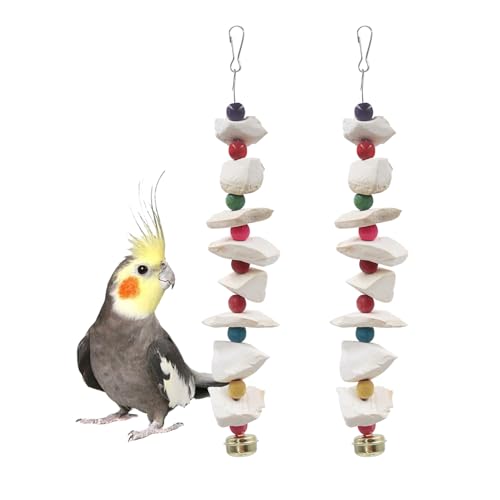 2 Pack Bird Toys with Cuttlebone, Parakeet Toys, Bird Beak Grinding Stone, Cage Accessories for Parakeets, Cuttlefish Bone for Budgies, Cockatiels, Lovebirds, Quakers, Small to Medium