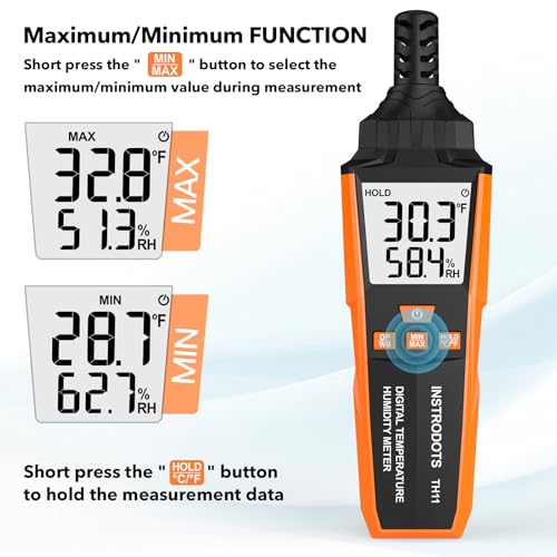 Temperature Humidity Meter, High Precision Digital Hygrometer with Ambient, Dew Point, Wet Bulb Temperature for Indoor Outdoor, Thermometer with Min/Max, Data Hold, LCD Backlight, TH11 - color: Orange, size: TH11