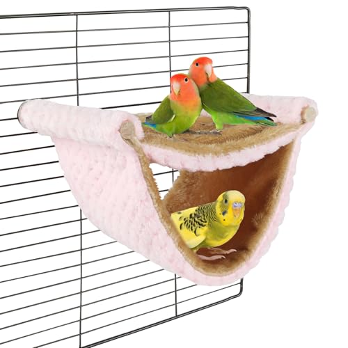 BWOGUE Bird Nest Bed Hanging Hammock, Parakeet Bed for Cage, Cockatiel Bed | Warm Fleece Snuggle Hut, Double-Layer Comfort, Wooden Perch Setup, Washable Hammock - color: Pink, size: Medium (9"x7.2")