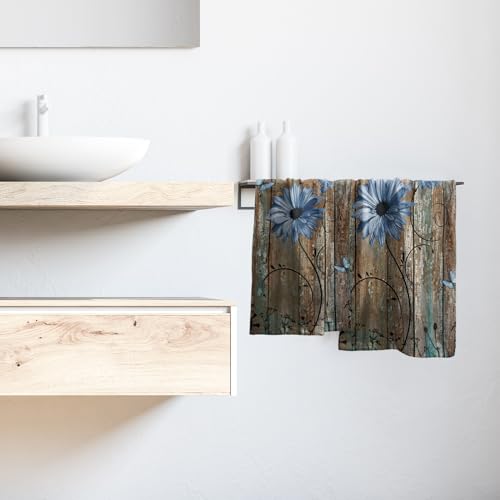 Giwawa Rustic Barn Sunflower Wooden Hand Towel 15x30 Set of 2, Fall Blue Daisy Flower Plank Fingertip Towel Retro Board Face Towel Country Barnwood Washcloth for Bathroom Farmhouse Log Cabin - color: Board Daisy Blue