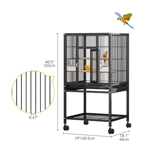 DWVO 41-inch Metal Bird Cage | Large Parrot Cages with Rolling Stand - Features Tray, Food Boxes & Wooden Perches - color: Black, size: 19.0"L x 18.1"W x 40.5"H