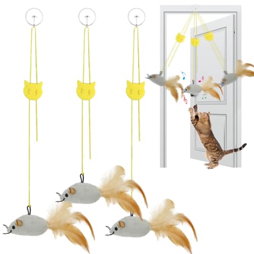Tocirelo Hanging Cat Mouse Toy, Interactive Motion Activated Squeaky Mice | 3Pack Cat Toys with Catnip, Feathers for Indoor Cats Self Play, Kitten Kicker Door Frame Toy for Reducing Boredom and Hunting - style: Mice Cat Toy