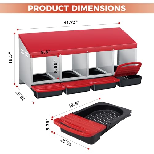 4 Hole Chicken Nesting Boxes, Weatherproof Galvanized Steel Chicken Egg Laying Box with Automatic Rollout Egg Collection, 2-in-1 Handle Perch, Easy Clean & Quick Assemble for Chicken Coop - color: Red, size: 30.7"L x 20.1"W x 20.1"H