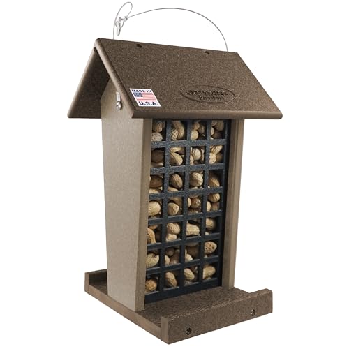 DutchCrafters Plastic Poly Hanging Whole Peanut Bird Feeder for Large Birds, Woodpeckers, Blue Jays for Outdoor, Garden, Yard - USA Amish Made (Tudor Brown/Weatherwood) - color: Tudor Brown/Weatherwood