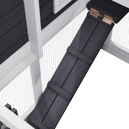 Wooden Rabbit Hutch Indoor,2 Story Bunny House | Openable Asphalt Roof, Removable Tray, Wire Fence, Lockable Doors, Access Ramp, Nesting Box - color: White
