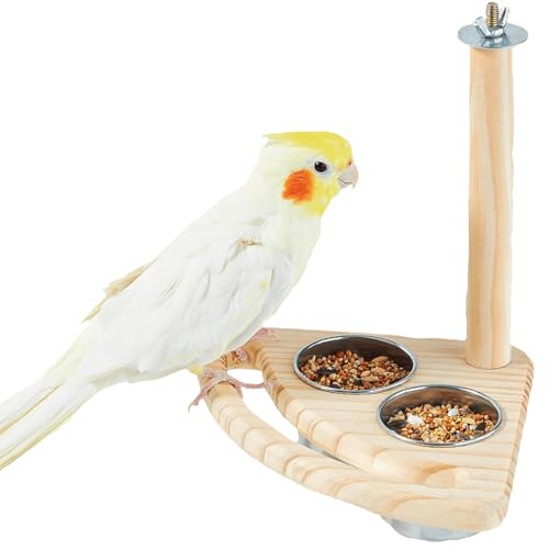 Bird Perch, Parrot Platform Wood Stand with Feeding Bowl Cups Bird Toys Parrot Cage Accessories for Parakeet Lovebird Cockatiel Conure Budgie Small Animals