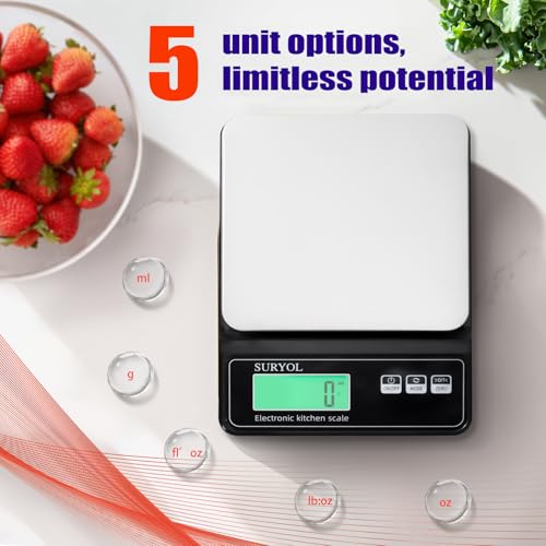 Digital Food Scale 0.5g/0.1oz Kitchen Scale - 11lb 5 Units Tempered Glass & Stainless Steel - Food Weight Scale Grams and Ounces for Cooking, Baking