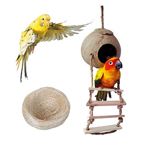 PINVNBY Coconut Bird Nest Hut with Ladder, Coconut Bird Hideout Lovebird House Hanging Toy for Budgies Parakeet Cockatiels Conure Canary Finch Pigeon (with Natural Coconut Fiber)