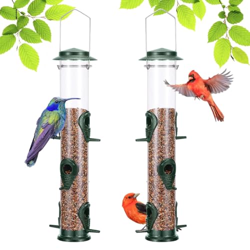 Metal Bird Feeder Tube Hanging Wild Bird Seed Feeder Aluminum Six Port Bird Feeders,1.4 mm Extra Thick Solid Tube Transparent with Steel Hanger Great for Attracting Birds (Green 2PK) - color: Green 2PK