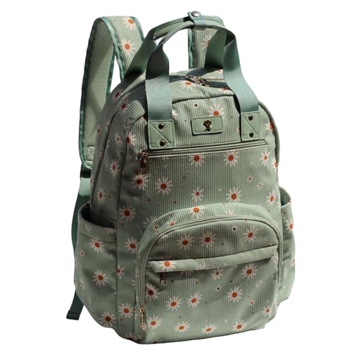 Diaper Bag Backpack Corduroy Multifunction Baby Fashion Travel Pack office Laptop Bag - color: Matcha Daisy