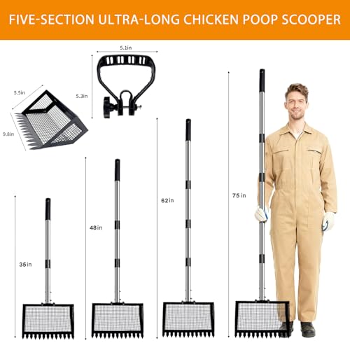 Chicken Coop Scoop (22 to 75") Chicken Coop Rake and Scoop with Grip 5 Section Extra Long Handle Chicken Pooper Scooper for Sand Metal Chicken Cleaning Tools Livestock Rake(Black) - color: Black