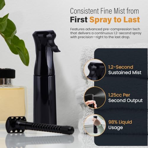 VIGOR PATH Continuous Spray Bottle for Hair – Fine Mist Mister for Hairstyling, Cleaning, Plants, Pets, Barbers, Salons, and Essential Oil Applications (300ml/10.1 oz) Black - color: Black - 10oz