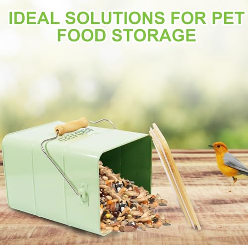 Metal Bird Seeds storage container,Outdoor Bird Container Canister, Pet Food Bin with Wooden Lid/Handle/Food scoop,hold 5-6 Lbs of Wild Bird Seed Sunflower Seed-Preventing Squirrels-Green - color: Green
