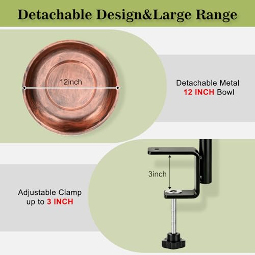 Gtongoko Deck Mounted Metal Bird Bath for Outside, 12 Inch Dia Weather-Resistant Birdbath Bowl for Balcony Fence Railing with Adjustable Clamp Outdoors - size: 12″ dia, 2″ depth bowl, deck