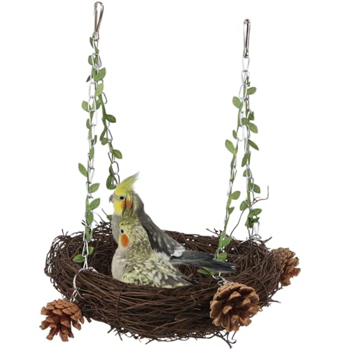 Natural Rattan Nest Small Medium Large Bird Swing for Parrot Parakeet Cockatiel Conure Cockatoo Macaw Amazon African Grey Lovebird Finch Canary Budgie Cage Perch Toy (Large) - size: Large