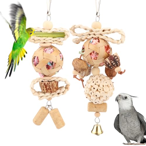 Wontee Bird Toys Colorful Shredding Crinkles Foraging Toys Natural Sola Ball Chew for Cockatiels Conures Parakeets Budgies Senegal (2 Pack) - size: 2 Pack