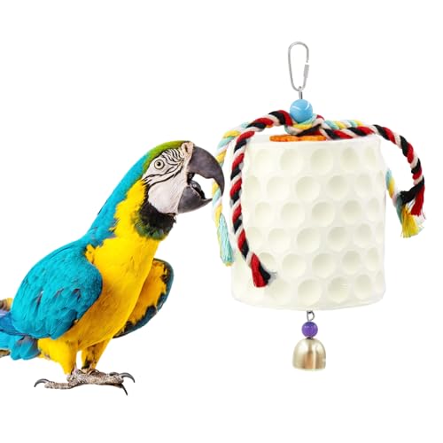 Extra Large Bird Chewing Toy, Parrot Beak Grinding Calcium Stone with Bells, Bird Cage Accessories, Cage Toys for Cockatiel Parakeet Parrot Budgies Rat Hamster Chinchilla Rabbit Bunny African Grey - color: White