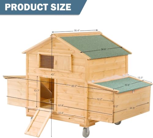 Large Chicken Coop with Wheels, Waterproof Outdoor Hen House for 6-8 Chickens, Movable Chicken House with Two Nesting Box, Removable Tray, PVC Cover, Wooden Duck Coop Rabbit Hutch - size: 60.2"L x 32.6"W x 57.8"H