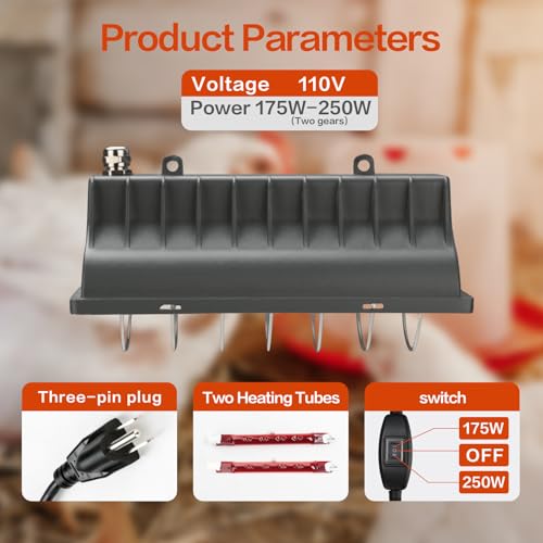 2 Pack 250W Chicken Coop Heater for Chicken Dog Kennel, Cat Bed, Reptiles & Incubators, 2 Heating Mode Warmer for Chicken Coop in Winter, Inside and Outdoor Pet Total 4 Heating Tube as Backup Lamp