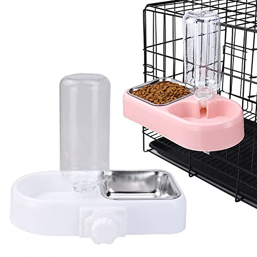 Love Dream Crate Dog Bowl, No Spill Kennel Hanging Pet Food Water Bowl Set | Automatic Water Dispenser and Removable Stainless Steel Bowls Raised Double Bowls for Indoor Cats, Rabbit, Small Medium Dogs - color: White