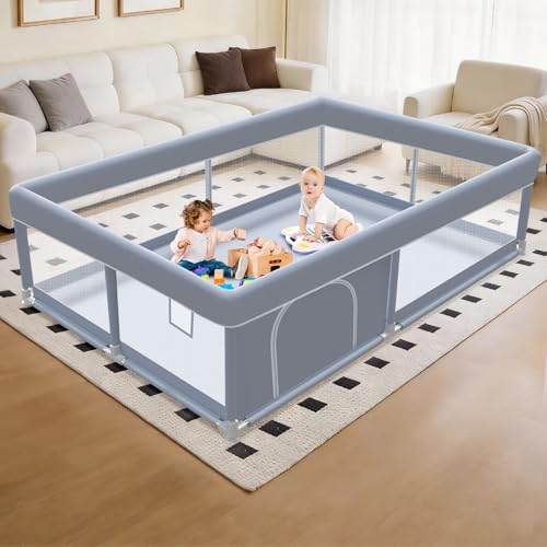XVISHX 65 x 50 Inch Baby Playpen, Playpen for Babies and Toddlers, Baby Play Pen Playard for Indoor & Outdoor Active Center Game Fence, with Skin-Friendly Fabric and Soft Breathable Mesh, Grey - size: 65 × 50 Inch