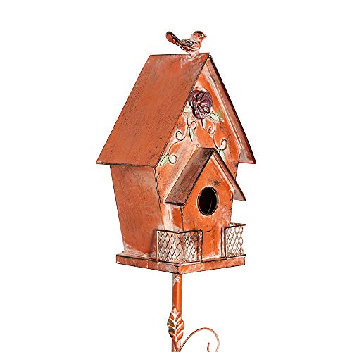 Dutch Cottage Bird House Stakes for Outside with Pole, Distressed Metal Birdhouse Stand for Outdoor Garden Decor(58") - style: Dutch Cottage