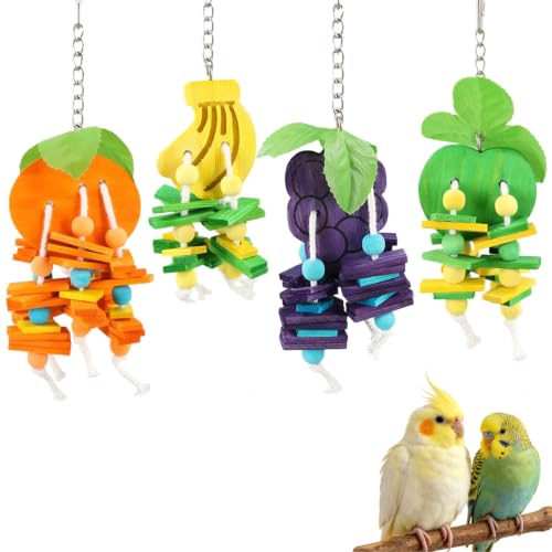 JSLZF Bird Chewing Toy for Parrot Cockatiel Conure Wood Block Cage Hanging Foraging Budgie Bite Toy for Parakeet Small (4PCS Fruit Shape)
