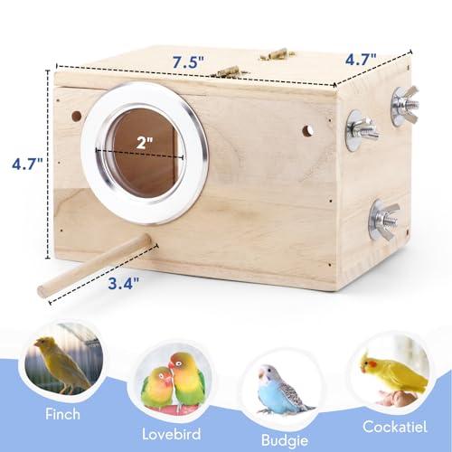 Parakeet Nesting Box - Visual Wooden Bird Nest Breeding Box | Bird Cage House with Perch for Lovebirds Cockatiel Budgie Finch Parrot
