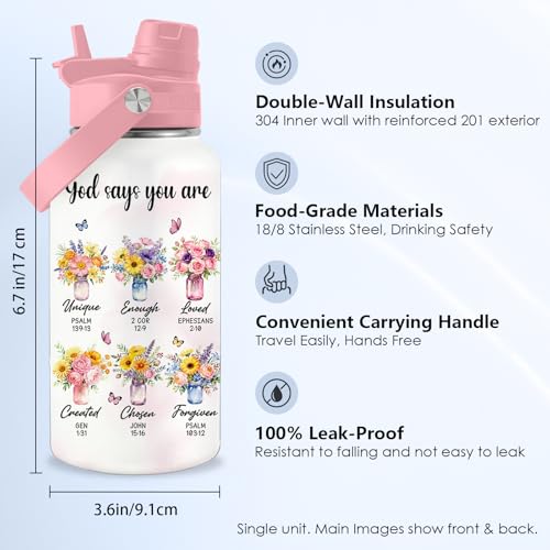 Flower Gifts for Women, 26oz Water Bottle with Handle for Girl Friends | Butterfly Stainless Steel Insulated Tumbler with Handle & Lid, Coffee Mug Travel Cup Birthday Valentines Day Gifts - color: Christian-White