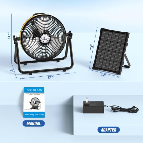 10 Inch Solar Powered Outdoor Fan with 10W Detachable Solar Panel | Built-in Rechargeable Battery, Dual Wind Speed & 360° Adjustable Tilt for Camping, Travel Tent, Greenhouse - color: 10" Yellow Black
