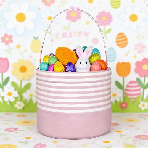 Easter Basket for Kid Boy Girl,Easter Egg Hunt Buckets,Personalized Canvas Tote Bags Easter Party Gifts for Easter Halloween - color: AB-Pink