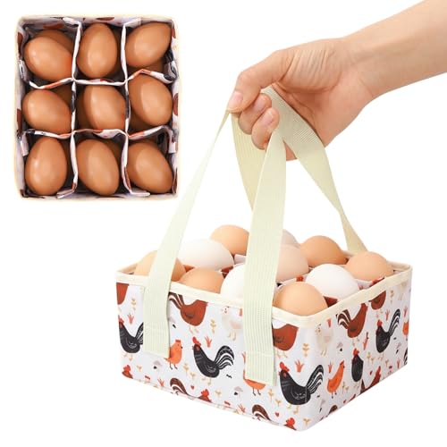 Removable Egg Collecting Basket, Foldable Canvas Egg Holder | Egg Basket for Gathering Fresh Eggs with 9 Pouches, Collector Egg for Chicken, Duck, Goose, Collection (Cartoon Chicken) - style: Cartoon Chicken