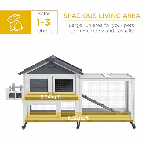 PawHut 65" Wooden Rabbit Hutch Guinea Pig Hutch Openable Roof Wheels Gray | Pet Playpen, Bunny House Enclosure, Storage Box, Slide-out Tray, Ramp, for Rabbits Chickens Ducks