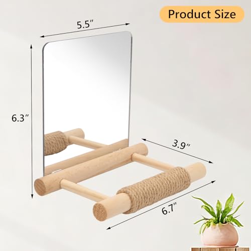 Litewoo 6.7" Bird Mirror for Cage Wooden Hanging Parrot Perch Swing Toy | Acrylic mirror with wooden stand, hemp rope for foot care, reduces bird loneliness, for parakeet/budgie/cockatiel/lovebird