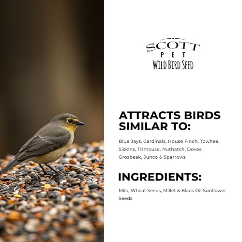 Scott Pet Wild Bird Seed, Deluxe Blend, 11lb, High Protein & Fiber | No dust. Attracts Juncos, Jays, Finches, Grosbeaks, Nuthatches & Titmice. All feeders.