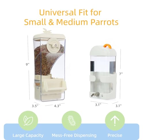 No-Mess Bird Feeder & Waterer Set for Cage, 300ml Auto Feeder with Seed Hull Catcher & 400ml Stainless Steel No-Backflow Drinker, for Cockatiels Conures Parakeets