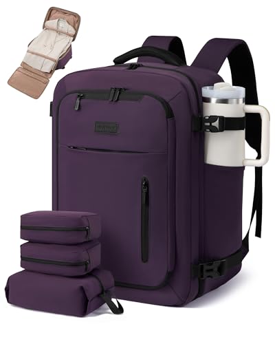 LOVEVOOK Travel Backpack for Women Men with Garment Bag, 40L Carry on Backpack as TSA Personal Item Flight Approved, Luggage Daypack Fits 17.3" Laptop, Overnight Business Weekender Travel Essential - color: Purple, size: 40L-17.3 Inch-4Pcs